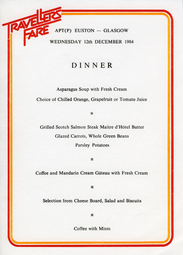 Dinner Menu for 12 December 1984